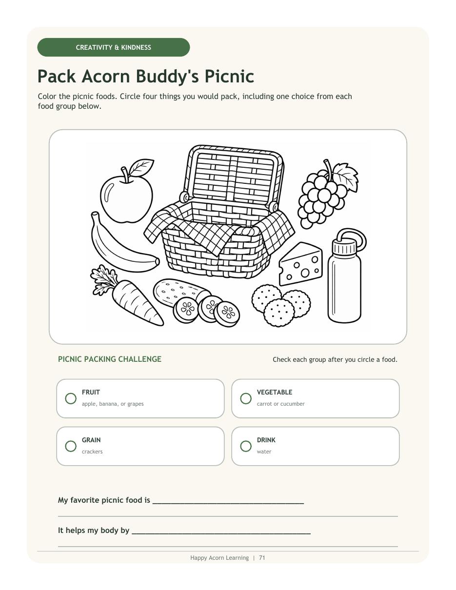 Pack Acorn Buddy's Picnic healthy choices activity