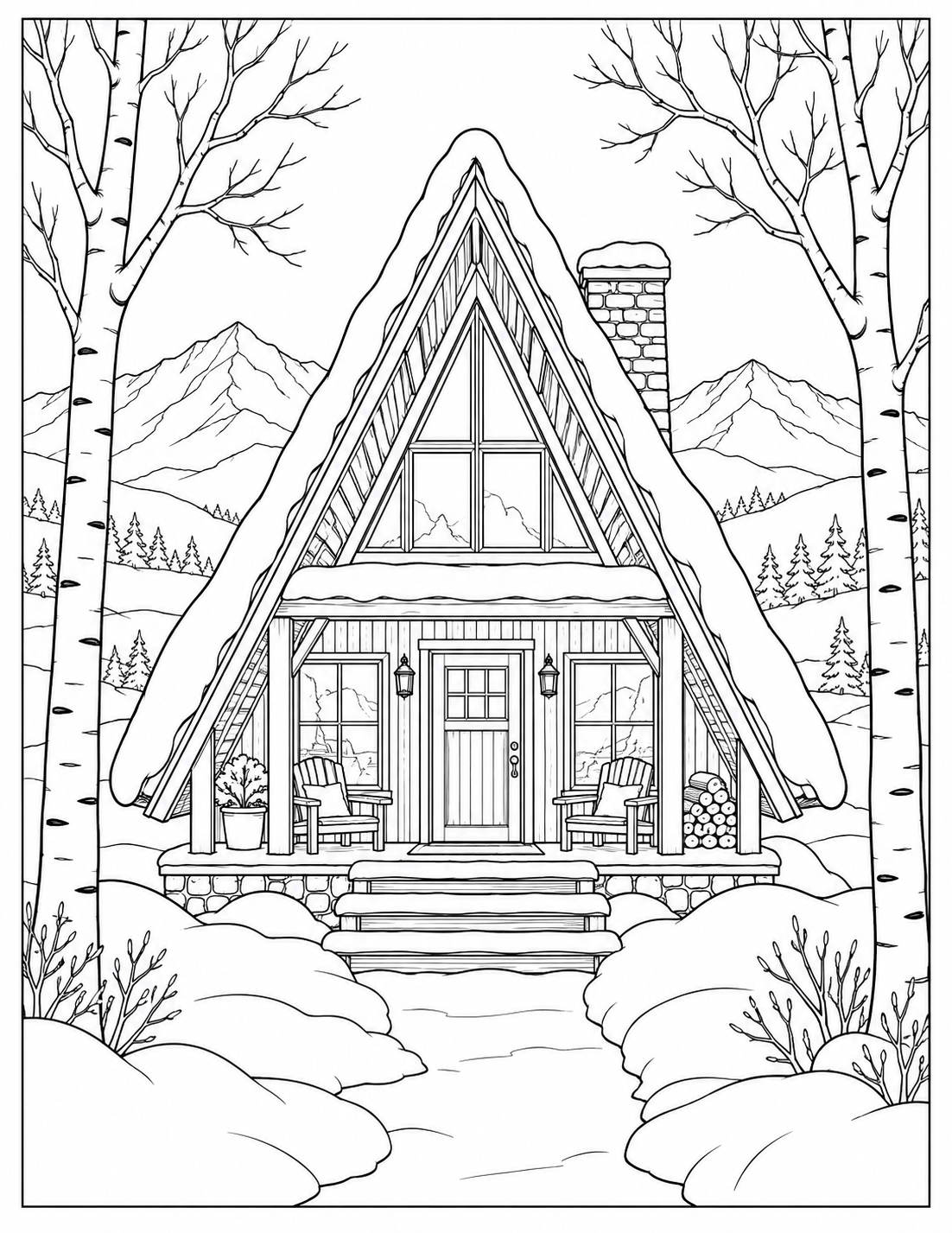 Snowbound cabin coloring page from Cozy Winter Retreats