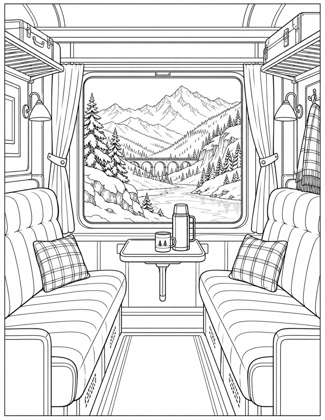 Winter train compartment coloring page