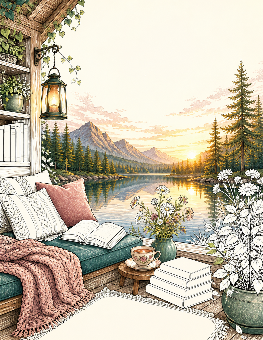 A cozy lakeside reading retreat at sunset