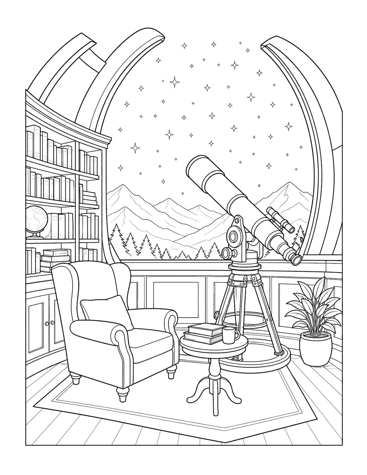 Moonlit observatory coloring page with telescope and mountain view