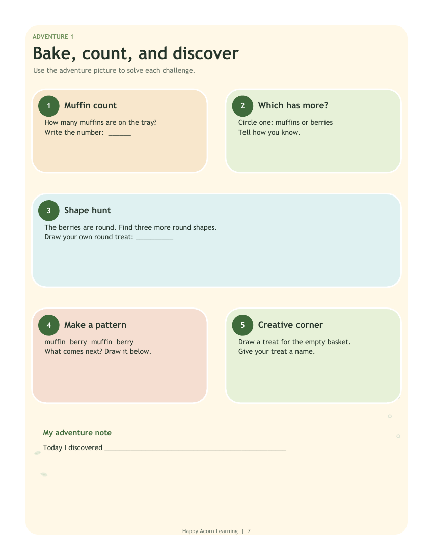 Printable counting, pattern, and observation challenges for children
